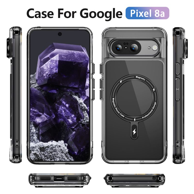 Husă Pixel 8a cu încărcare wireless, rezistentă la șocuri, anticadere și antiamprentare, placă magnetică și butoane metalice pentru obiectiv