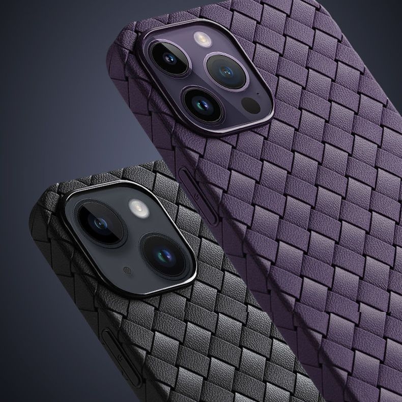 Husă pentru iPhone cu textură BV țesută, din piele artificială, ultra-subțire, moale, pentru iPhone 11–14 Pro și Pro Max