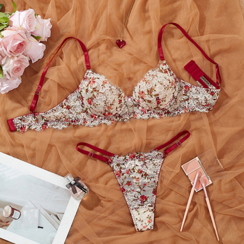 Francusko čipkano donje rublje s cvjetnim uzorkom i dizajnom boja, sexy push-up grudnjak s prozirnim detaljima, udoban i prozračan set grudnjaka