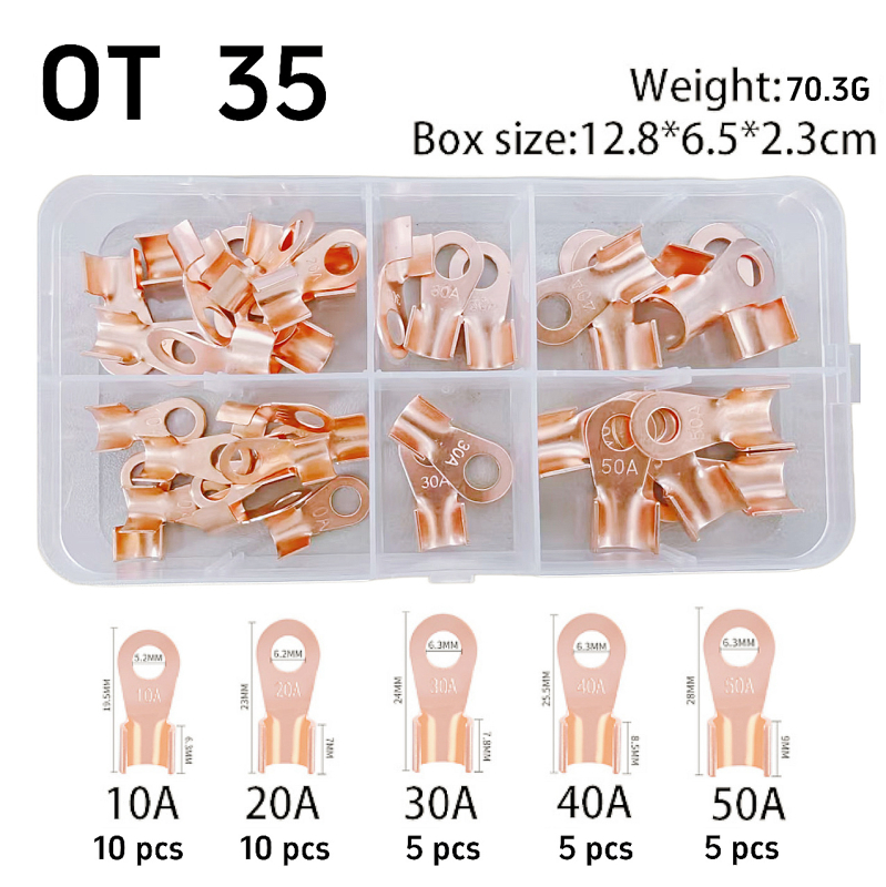 OT-70/80 Nas deschis, terminal din cupru pentru cablu, 3–100A, ambalat într-o cutie, finisaj auriu