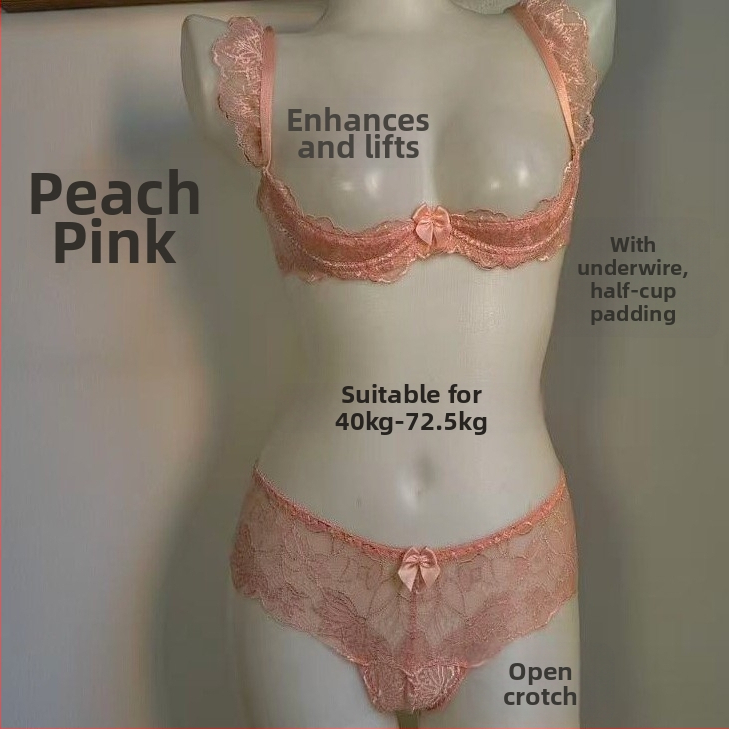 Quarter-Cup Lace Push-Up Underwire Bra, Pink Foam Cups, Open-Crotch Panties