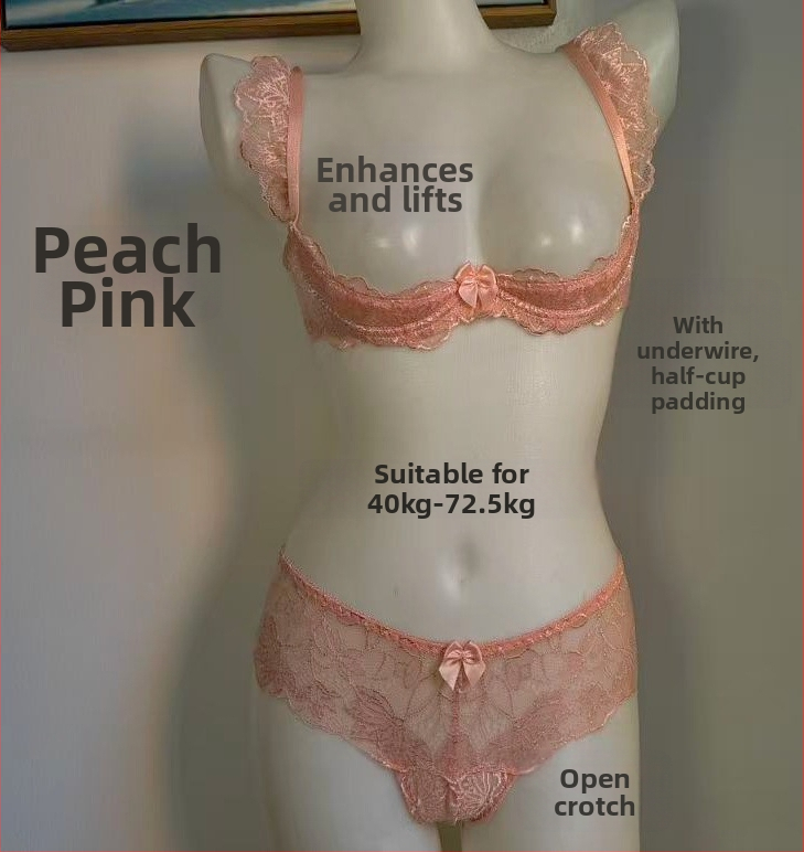 Quarter-Cup Lace Push-Up Underwire Bra, Pink Foam Cups, Open-Crotch Panties