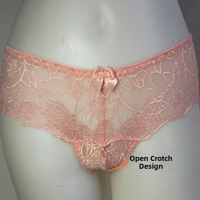 Quarter-Cup Lace Push-Up Underwire Bra, Pink Foam Cups, Open-Crotch Panties