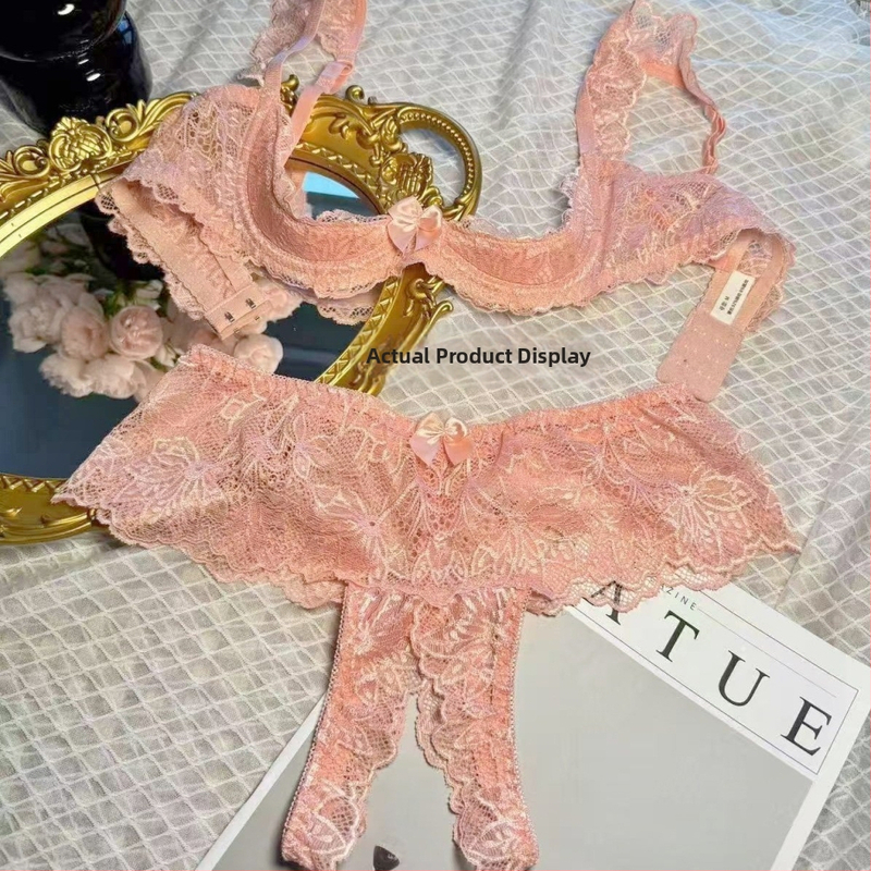 Quarter-Cup Lace Push-Up Underwire Bra, Pink Foam Cups, Open-Crotch Panties