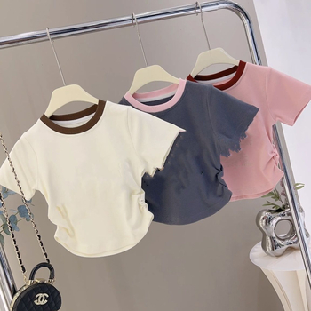 Lányok számára nyári rövid ujjú crop felső patchwork dizájnnal