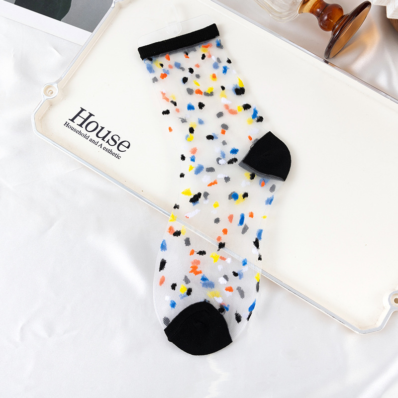 Ljetne prozirne ultra-tanke čarape do sredine potkoljenice, kristalni završetak, točkasti uzorak