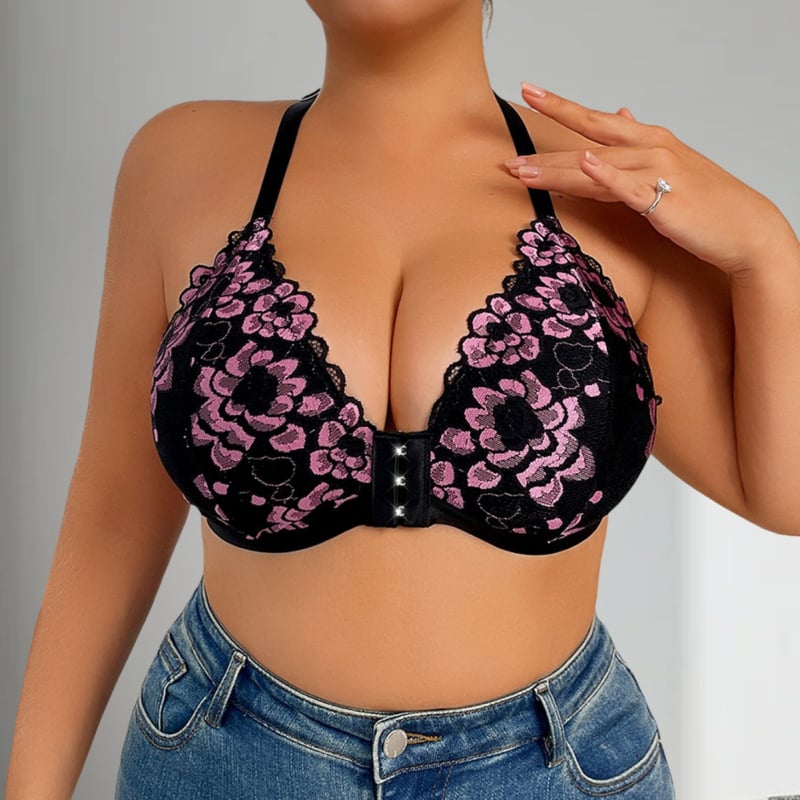 Plus-size čipkasti grudnjak bez leđa, push-up, s kontrastnim bojama