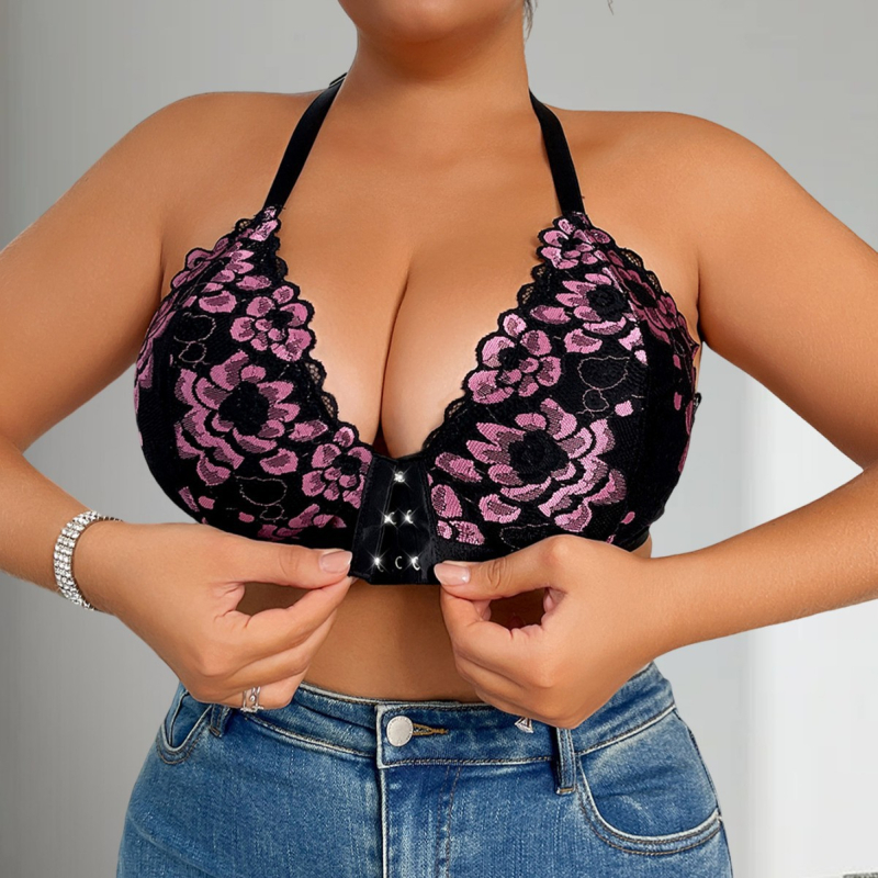 Plus-size čipkasti grudnjak bez leđa, push-up, s kontrastnim bojama