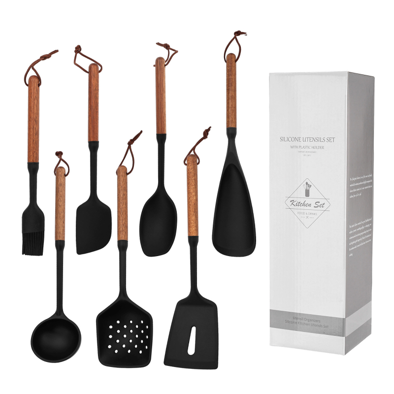 Set spatule silicoane cu mâner din lemn, ustensile bucătărie rezistente la temperaturi înalte, lingură de supă și spatule pentru tigaie
