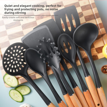 Set de 9 piese ustensile de bucătărie, negru, spatule din silicon antiaderent și lingură de supă cu mâner din lemn, recipient de depozitare