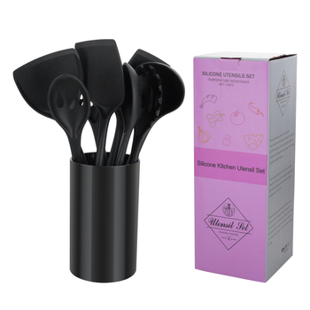 Set de 9 piese ustensile de bucătărie, negru, spatule din silicon antiaderent și lingură de supă cu mâner din lemn, recipient de depozitare