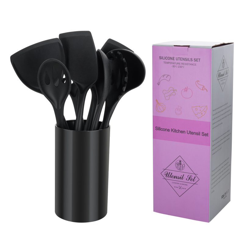 Set de 9 piese ustensile de bucătărie, negru, spatule din silicon antiaderent și lingură de supă cu mâner din lemn, recipient de depozitare