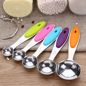 Set de 5 linguri de măsurare din oțel inoxidabil 201, mâner din silicon, ustensile de copt