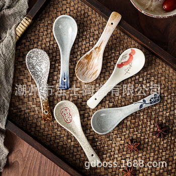 Lingură de ceramică cu mâner lung, colorată sub glazură, pentru masă, lingură pentru servire și desert, stil chinezesc nou, mică lingură de desert