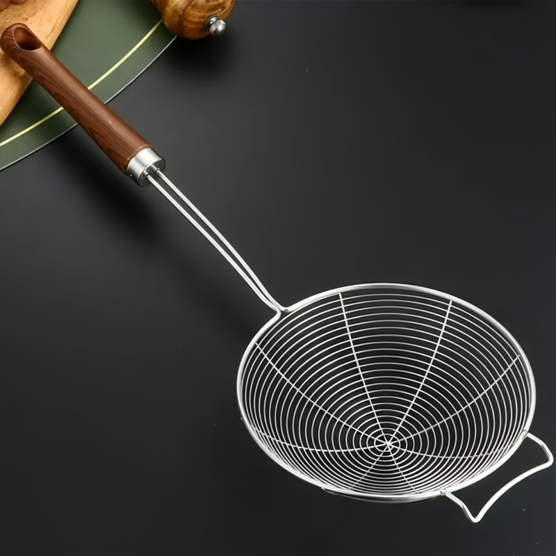 Skimmer din oțel inoxidabil cu mâner din lemn, pentru tăiței, găluște, prăjit și filtrare – sită mare pentru oală