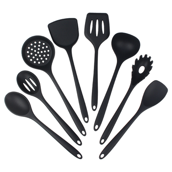 Set spatule din silicon pentru tigăi antiaderente, 8 piese: spatulă, lingură cu găuri, spatulă plată și lingură de amestec