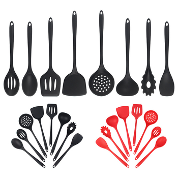 Set spatule din silicon pentru tigăi antiaderente, 8 piese: spatulă, lingură cu găuri, spatulă plată și lingură de amestec