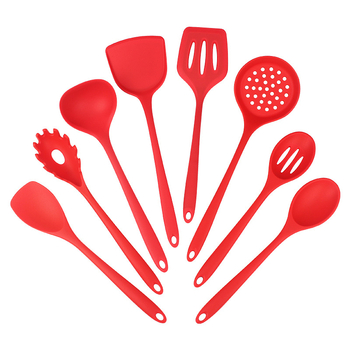 Set spatule din silicon pentru tigăi antiaderente, 8 piese: spatulă, lingură cu găuri, spatulă plată și lingură de amestec