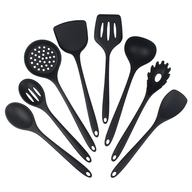 Set spatule din silicon pentru tigăi antiaderente, 8 piese: spatulă, lingură cu găuri, spatulă plată și lingură de amestec