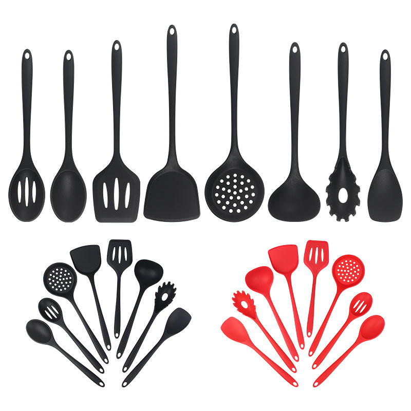 Set spatule din silicon pentru tigăi antiaderente, 8 piese: spatulă, lingură cu găuri, spatulă plată și lingură de amestec