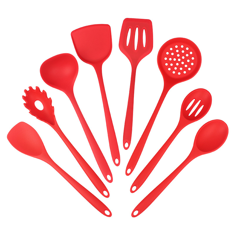 Set spatule din silicon pentru tigăi antiaderente, 8 piese: spatulă, lingură cu găuri, spatulă plată și lingură de amestec