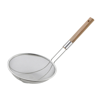 Lingură filtrant din oțel inoxidabil cu mâner din lemn, sită din plasă densă, pentru oale fierbinți, prăjit și tăiței