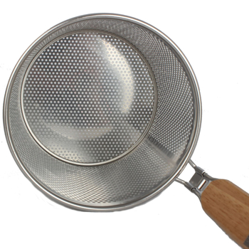 Filtru din oțel inoxidabil cu plasă, mâner din lemn, pentru prăjit și hot pot