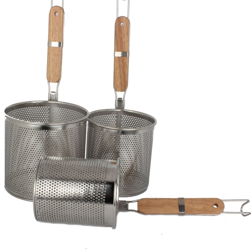 Filtru din oțel inoxidabil cu plasă, mâner din lemn, pentru prăjit și hot pot