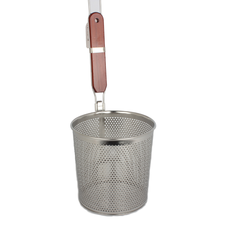 Filtru din oțel inoxidabil cu plasă, mâner din lemn, pentru prăjit și hot pot