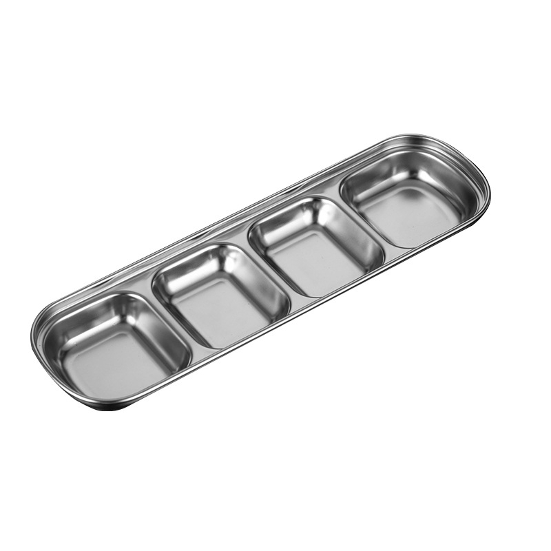 Vas de dips din oțelină inox – farfurie aurie, pătrată, cu mai multe compartimente pentru sosuri: BBQ coreean, sos de soia, oțet; suprafață lustruită, stil lux retro