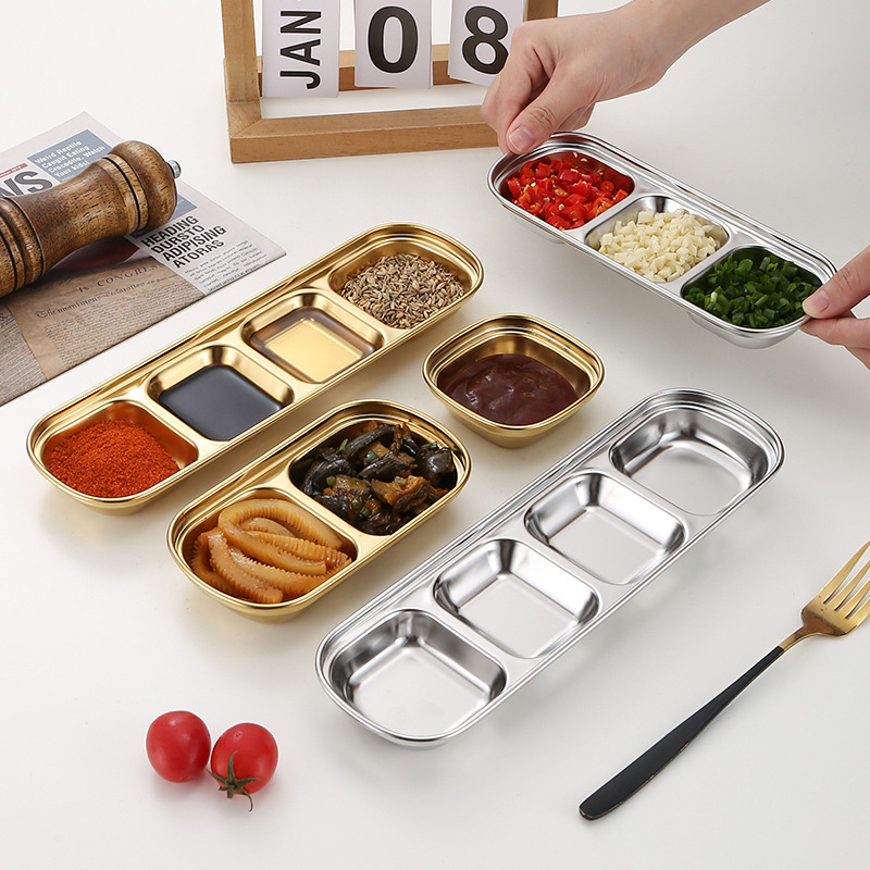 304 rozsdamentes acél osztott mártástál, aranyszínű, koreai barbecue stílus, négyzet alakú, kb. 10 cm, két vagy három rekesz