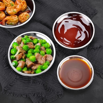 Farfurie rotundă din oțel inoxidabil 304 pentru condimente și sosuri, utilizare casnică; potrivită pentru hot pot, sos de soia și oțet; ideală pentru fructe și deserturi