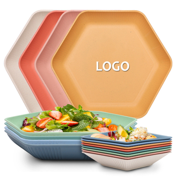 Farfurie hexagonală din paie de grâu, design minimalist cu dungi verticale, farfurie pentru paste, farfurioară pentru sos și oțet