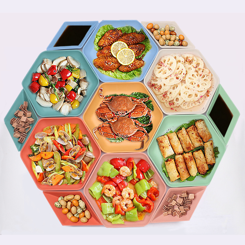 Farfurie hexagonală din paie de grâu, design minimalist cu dungi verticale, farfurie pentru paste, farfurioară pentru sos și oțet