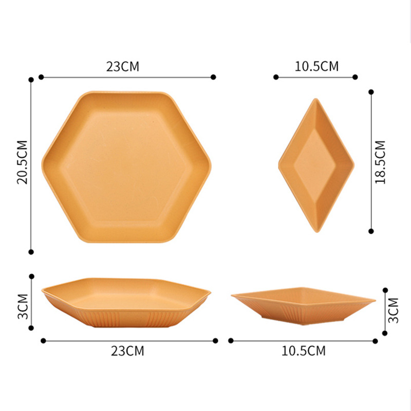 Farfurie hexagonală din paie de grâu, design minimalist cu dungi verticale, farfurie pentru paste, farfurioară pentru sos și oțet