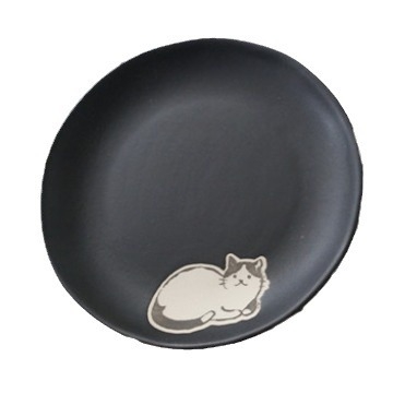 Farfurie din porțelan cu schiță de pisică sub glazură, design pisică, rotundă 12–13 cm, compatibilă cu microunde, pentru salate și sushi