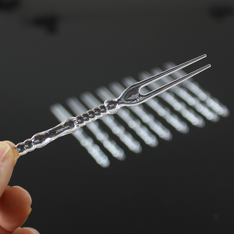 Furculiță pentru fructe din plastic transparent, din PS, de unică folosință, cu două dinți
