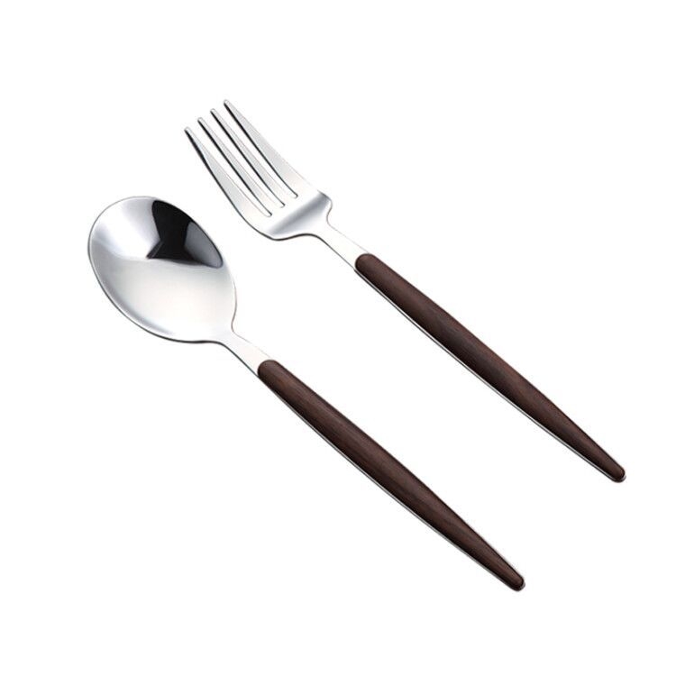 Set de tacâmuri occidentale din oțel inoxidabil 304, cu aspect de lemn, 3 piese: cuțit pentru friptură, furculiță și lingură de desert