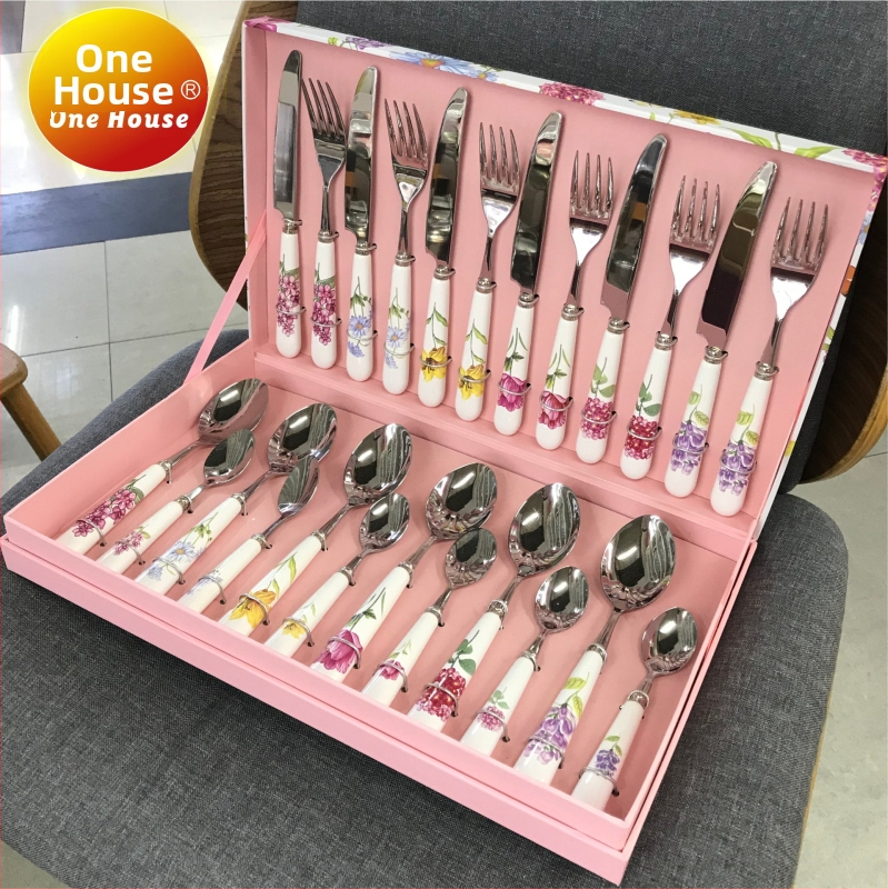 Set de tacâmuri din oțel inoxidabil cu mâner ceramic Jingzhi, 24 piese, în cutie cadou