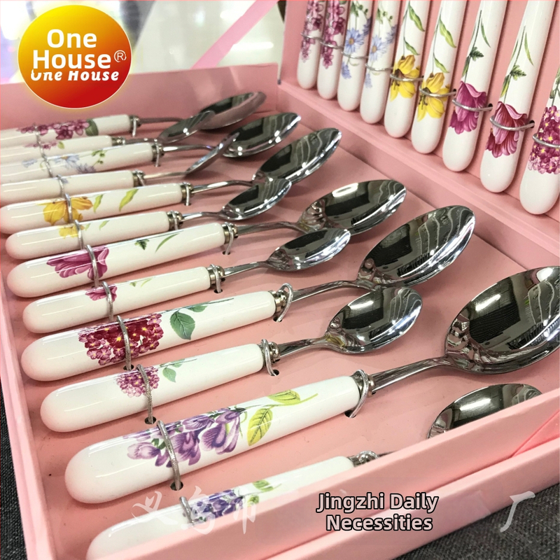 Set de tacâmuri din oțel inoxidabil cu mâner ceramic Jingzhi, 24 piese, în cutie cadou