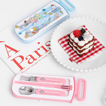 Set de tacâmuri din oțel inoxidabil pentru copii, portabil, cu cutie de depozitare — lingură, furculiță și bețișoare, design desen animat