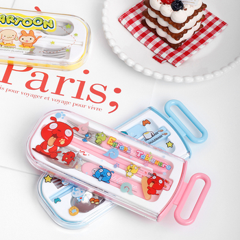 Set de tacâmuri din oțel inoxidabil pentru copii, portabil, cu cutie de depozitare — lingură, furculiță și bețișoare, design desen animat