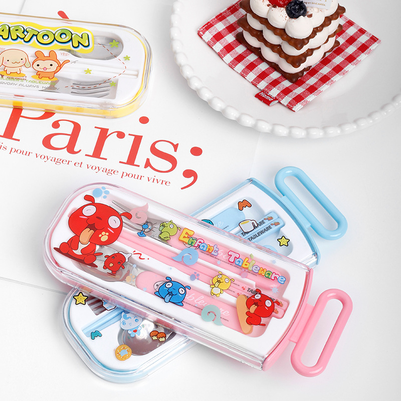 Set de tacâmuri din oțel inoxidabil pentru copii, portabil, cu cutie de depozitare — lingură, furculiță și bețișoare, design desen animat