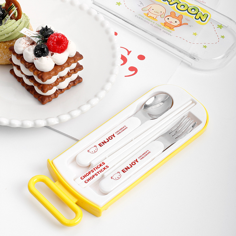 Set de tacâmuri din oțel inoxidabil pentru copii, portabil, cu cutie de depozitare — lingură, furculiță și bețișoare, design desen animat