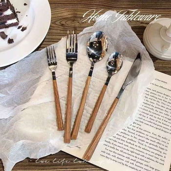 Set tacâmuri pentru steak din oțel inox 410 – cuțit, furculiță și lingură de desert, mâner lung, stil franțuzesc