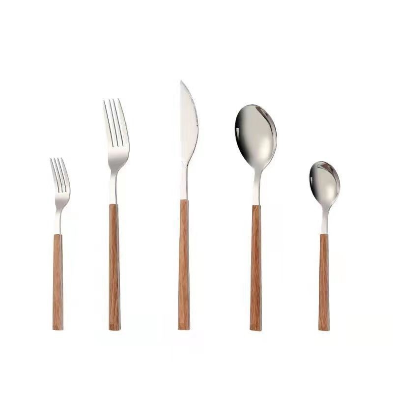 Set tacâmuri pentru steak din oțel inox 410 – cuțit, furculiță și lingură de desert, mâner lung, stil franțuzesc