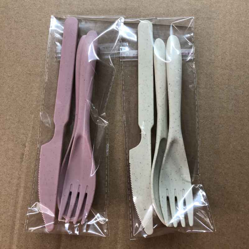 Set tacâmuri din pai de grâu: cuțit, furculiță și lingură – tacâmuri plastice portabile, stil nordic, posibilitate logotip personalizat