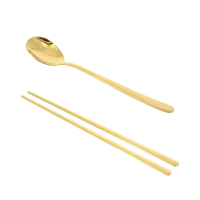 Set tacâmuri din oțel inoxidabil placat cu titan, culoare aurie, stil coreean: bețișoare și lingură