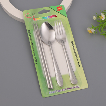 Set din oțel inoxidabil pentru copii, 3 piese: lingură, furculiță și bețișoare, model cu flori, stil modern minimalist