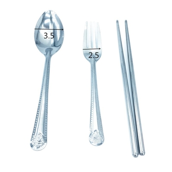 Set din oțel inoxidabil pentru copii, 3 piese: lingură, furculiță și bețișoare, model cu flori, stil modern minimalist